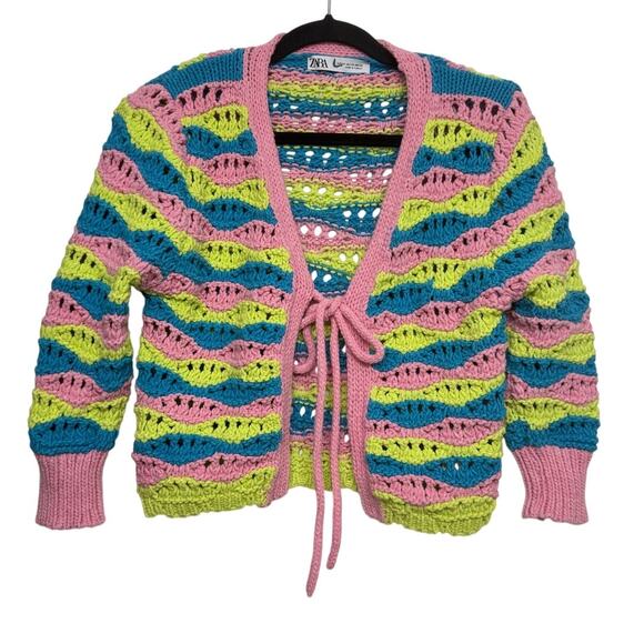 ZARA Multicolor Crochet Knit Tie Front Cardigan Sweater XS Festival Boho - Picture 1 of 6